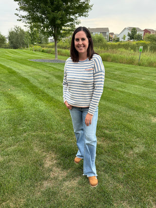 Women's Striped Pocket Sweater with Blanket Stitch Detail