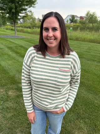 Women's Striped Pocket Sweater with Blanket Stitch Detail