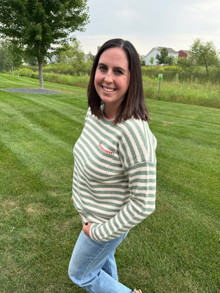 Women's Striped Pocket Sweater with Blanket Stitch Detail
