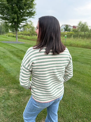 Women's Striped Pocket Sweater with Blanket Stitch Detail