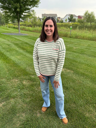 Women's Striped Pocket Sweater with Blanket Stitch Detail