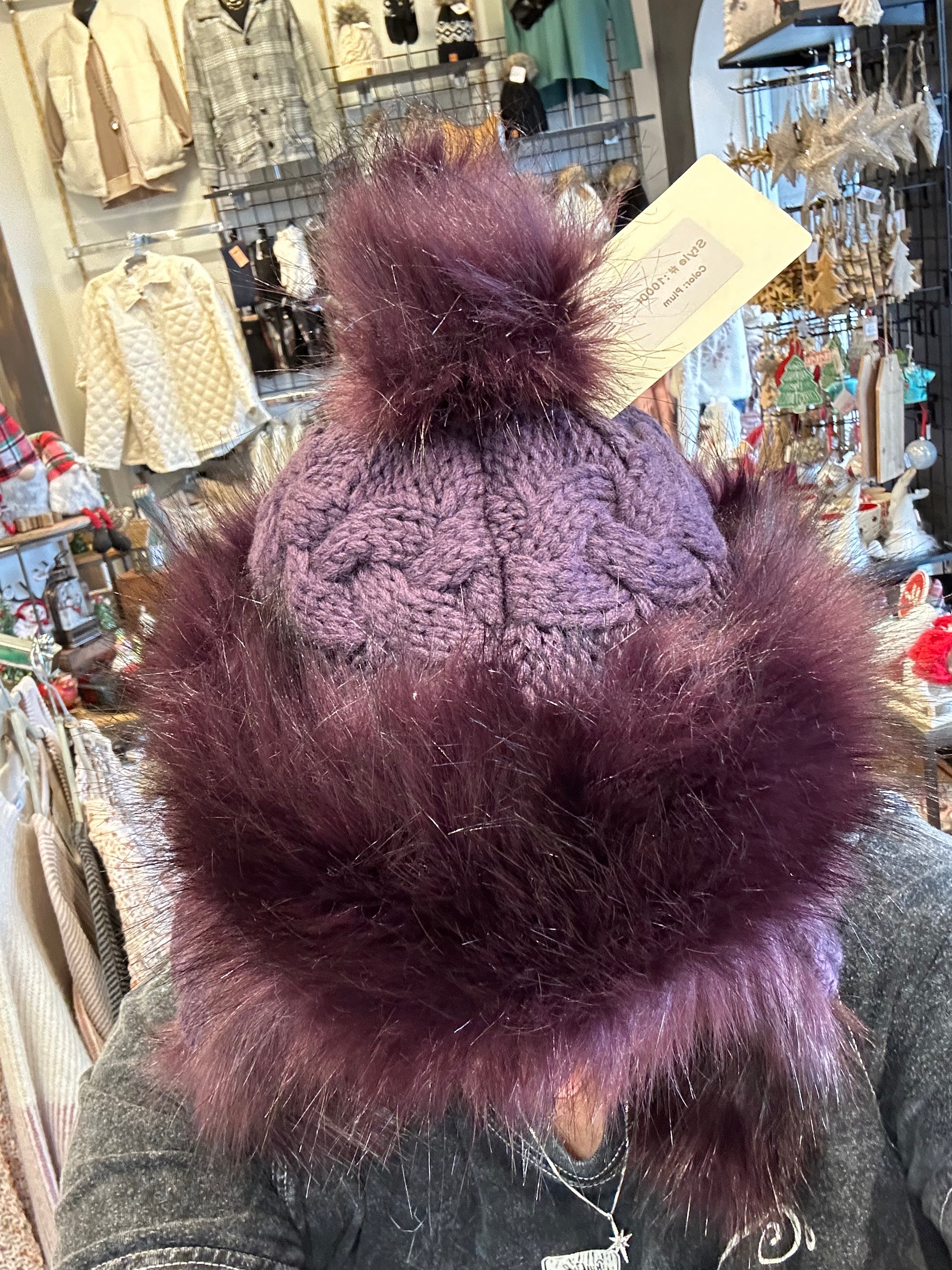 Bajka Hat w/ Cable Weave & Faux Fur  - Plum