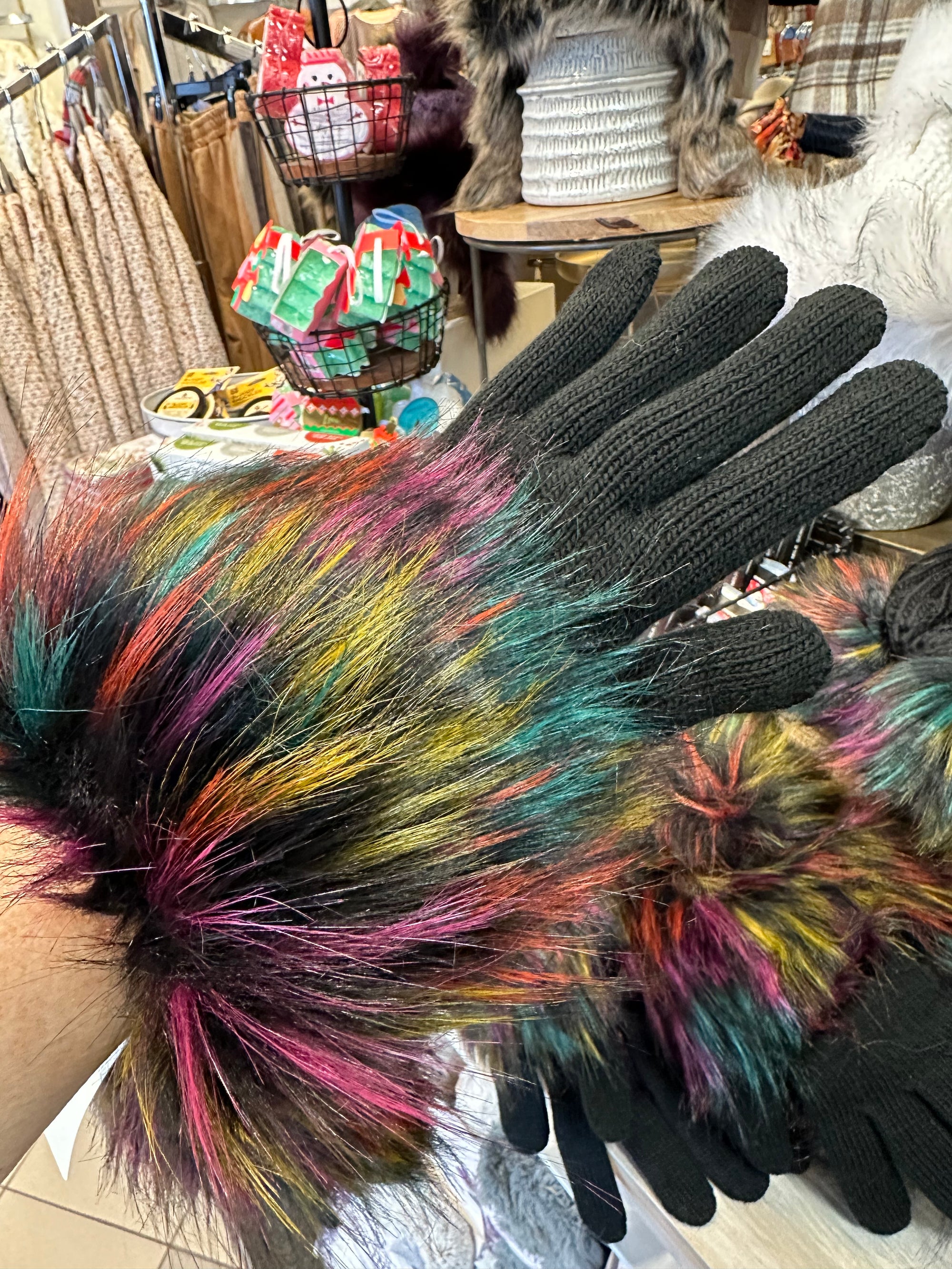 Black Gloves w/ Rainbow Faux Fur Cuff