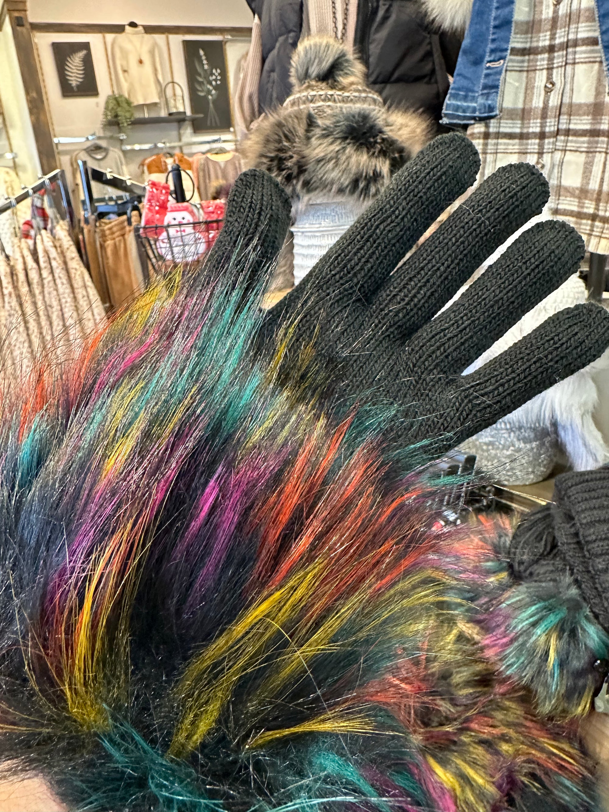 Black Gloves w/ Rainbow Faux Fur Cuff