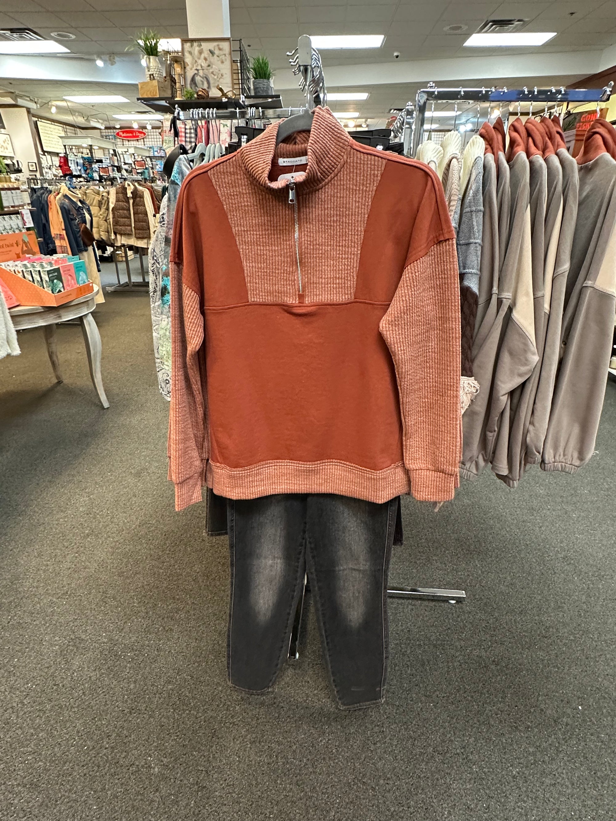 Rust Color Half Zip Rib Knit Top FINAL SALE