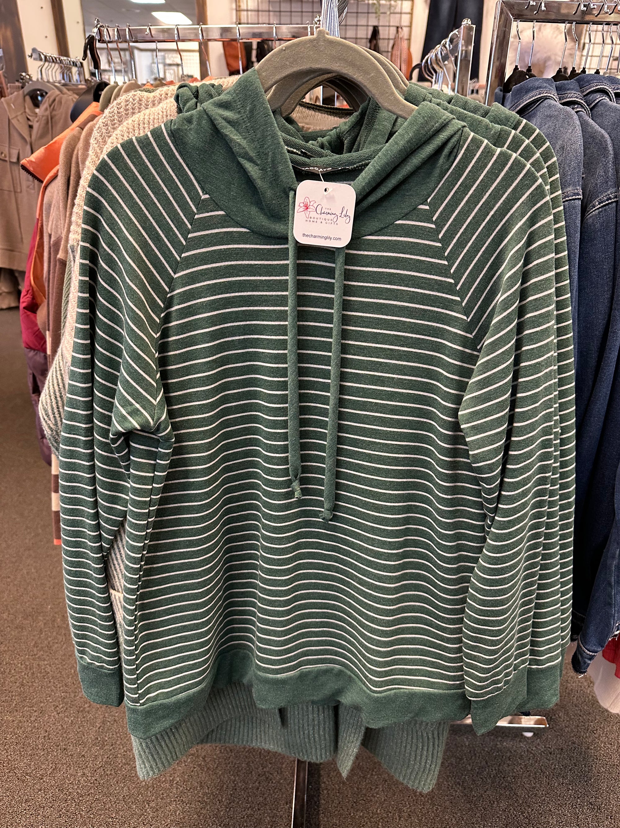 Hunter Green Striped Hoodie Top