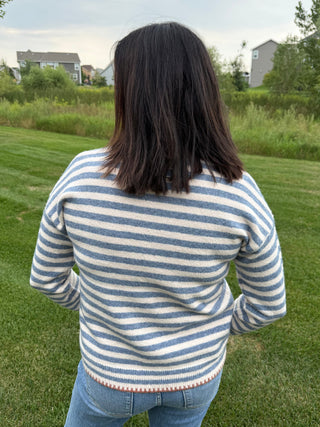 Women's Striped Pocket Sweater with Blanket Stitch Detail