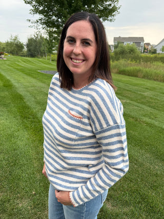 Women's Striped Pocket Sweater with Blanket Stitch Detail