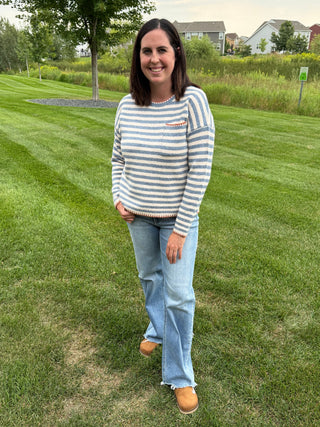 Women's Striped Pocket Sweater with Blanket Stitch Detail