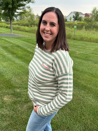 Women's Striped Pocket Sweater with Blanket Stitch Detail