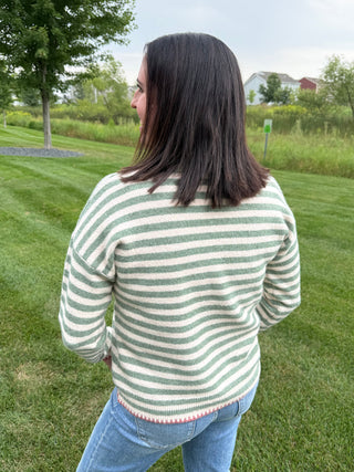 Women's Striped Pocket Sweater with Blanket Stitch Detail