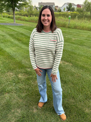 Women's Striped Pocket Sweater with Blanket Stitch Detail