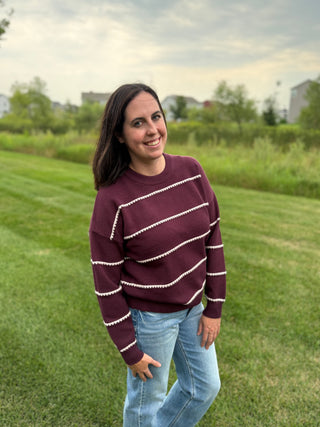 Women's Blanket Stitch Striped Crew Neck Sweater