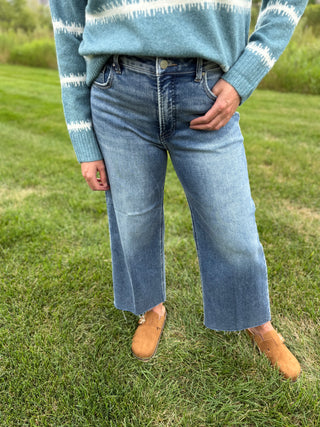 Women's High Rise Crop Wide Leg Creased Jeans