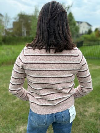 Women's Double Striped Button-Down Crew Neck Cardigan