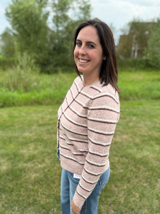 Women's Double Striped Button-Down Crew Neck Cardigan