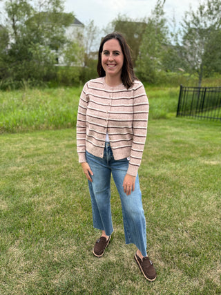 Women's Double Striped Button-Down Crew Neck Cardigan