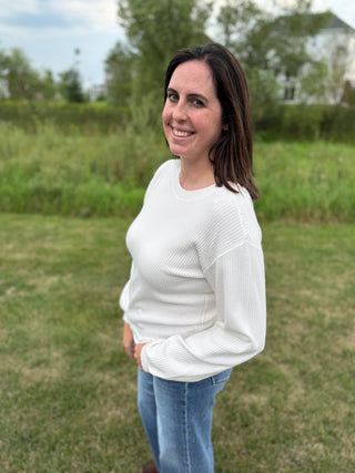 Women's Vertically Textured Balloon Sleeve Pullover Sweater