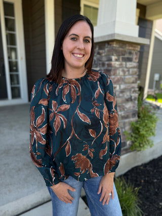 Floral Print Puff Sleeve Blouse - Forest Green