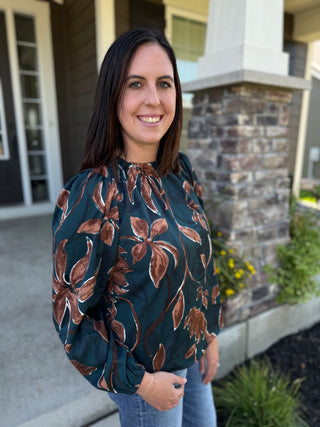 Floral Print Puff Sleeve Blouse - Forest Green