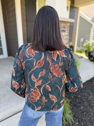 Floral Print Puff Sleeve Blouse - Forest Green