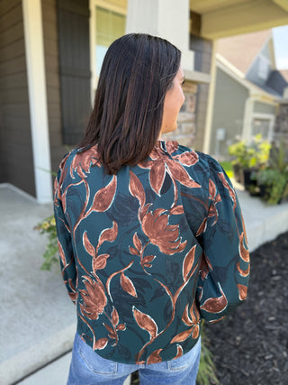 Floral Print Puff Sleeve Blouse - Forest Green