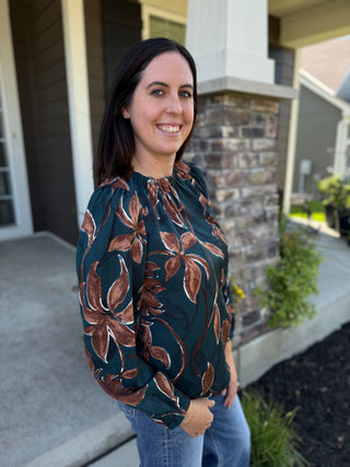 Floral Print Puff Sleeve Blouse - Forest Green