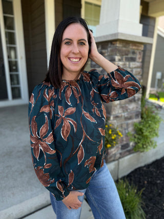 Floral Print Puff Sleeve Blouse - Forest Green