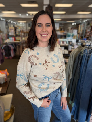 Women's Western Jacquard Crew Neck Pullover Sweater