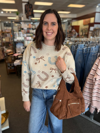 Women's Western Jacquard Crew Neck Pullover Sweater