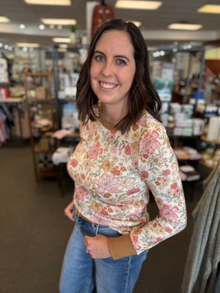 Floral Long-Sleeve Crew-Neck Top