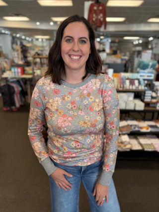 Floral Long-Sleeve Crew-Neck Top