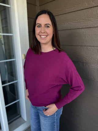 Women's Vertically Textured Dolman Sleeve Boat Neck Sweater
