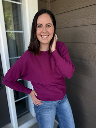 Women's Vertically Textured Dolman Sleeve Boat Neck Sweater
