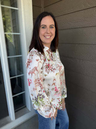 Botanical Animal Print Peasant Blouse