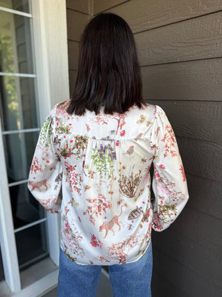 Botanical Animal Print Peasant Blouse