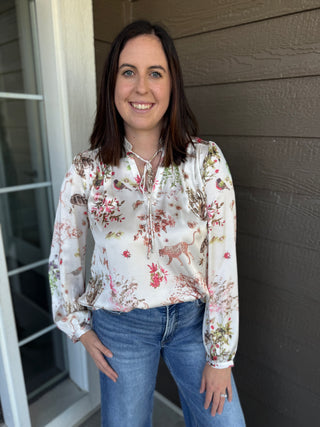 Botanical Animal Print Peasant Blouse