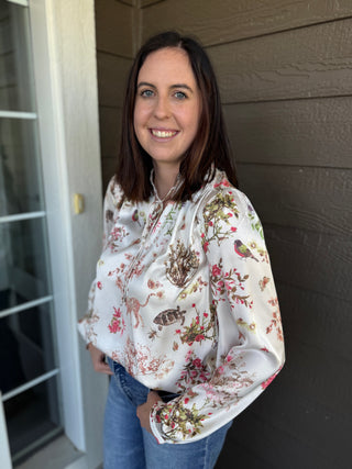 Botanical Animal Print Peasant Blouse