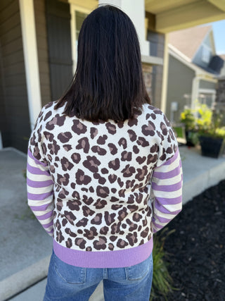 Women's Leopard Print Stripe Color Block Cardigan
