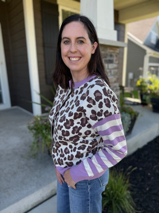 Women's Leopard Print Stripe Color Block Cardigan