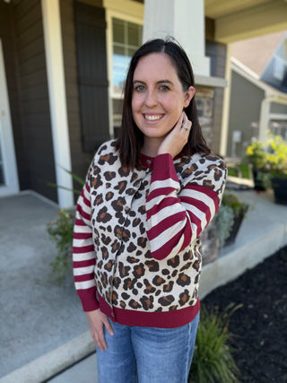 Women's Leopard Print Stripe Color Block Cardigan