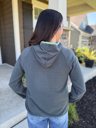 Women's Micro Brushed Stripe Button Neck Hoodie Top