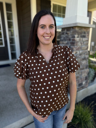 Women's Polka Dot Ruffle V-Neck Top