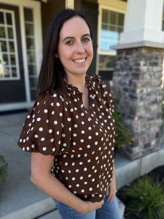 Women's Polka Dot Ruffle V-Neck Top