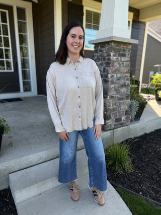 Washed Tencel Oversized Fringe Hem Shirt