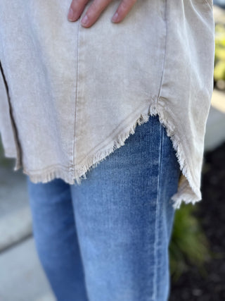 Washed Tencel Oversized Fringe Hem Shirt