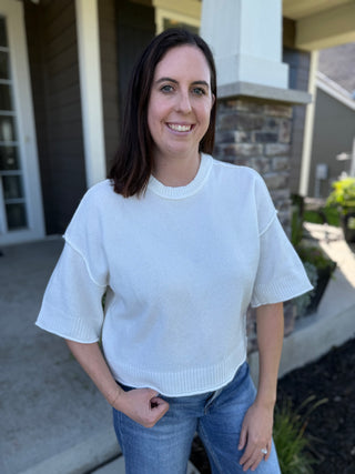 Women's White Ribbed Crew Neck Knit Top