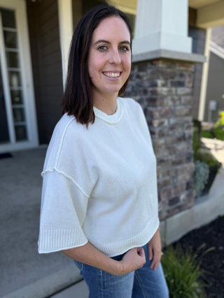 Women's White Ribbed Crew Neck Knit Top