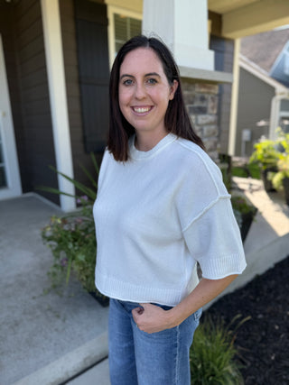 Women's White Ribbed Crew Neck Knit Top