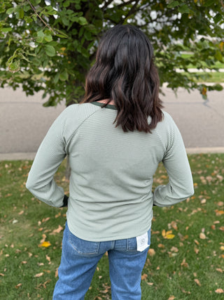 Women's Pinstripe Split Neck Long Sleeve Top